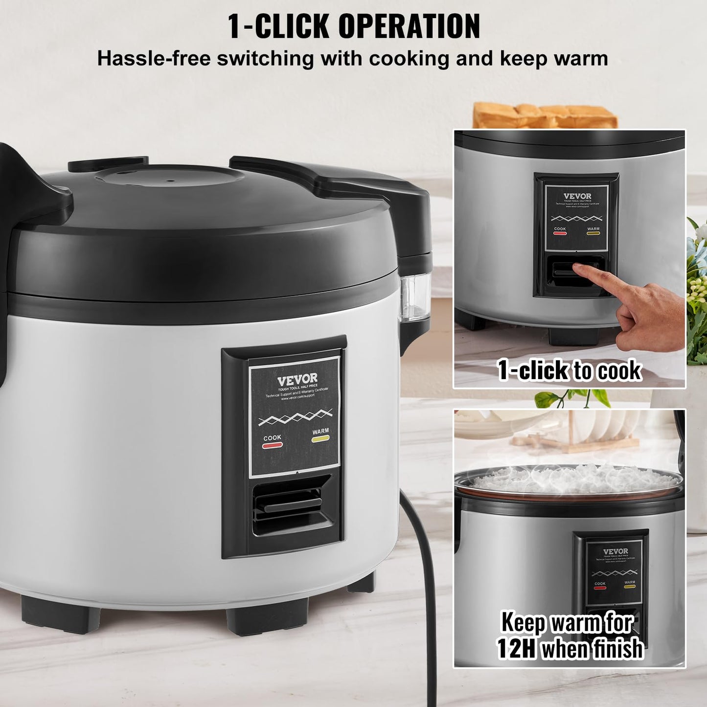 VEVOR Commercial Rice Cooker, 45-Cup Rice Cooker, 9.51 Qt / 9 Liter Large Rice Cooker and Warmer with Nonstick Inner Pot, Fast Cooking and 12-Hour Keep Warm, with Rice Cup and Paddle, for Restaurant