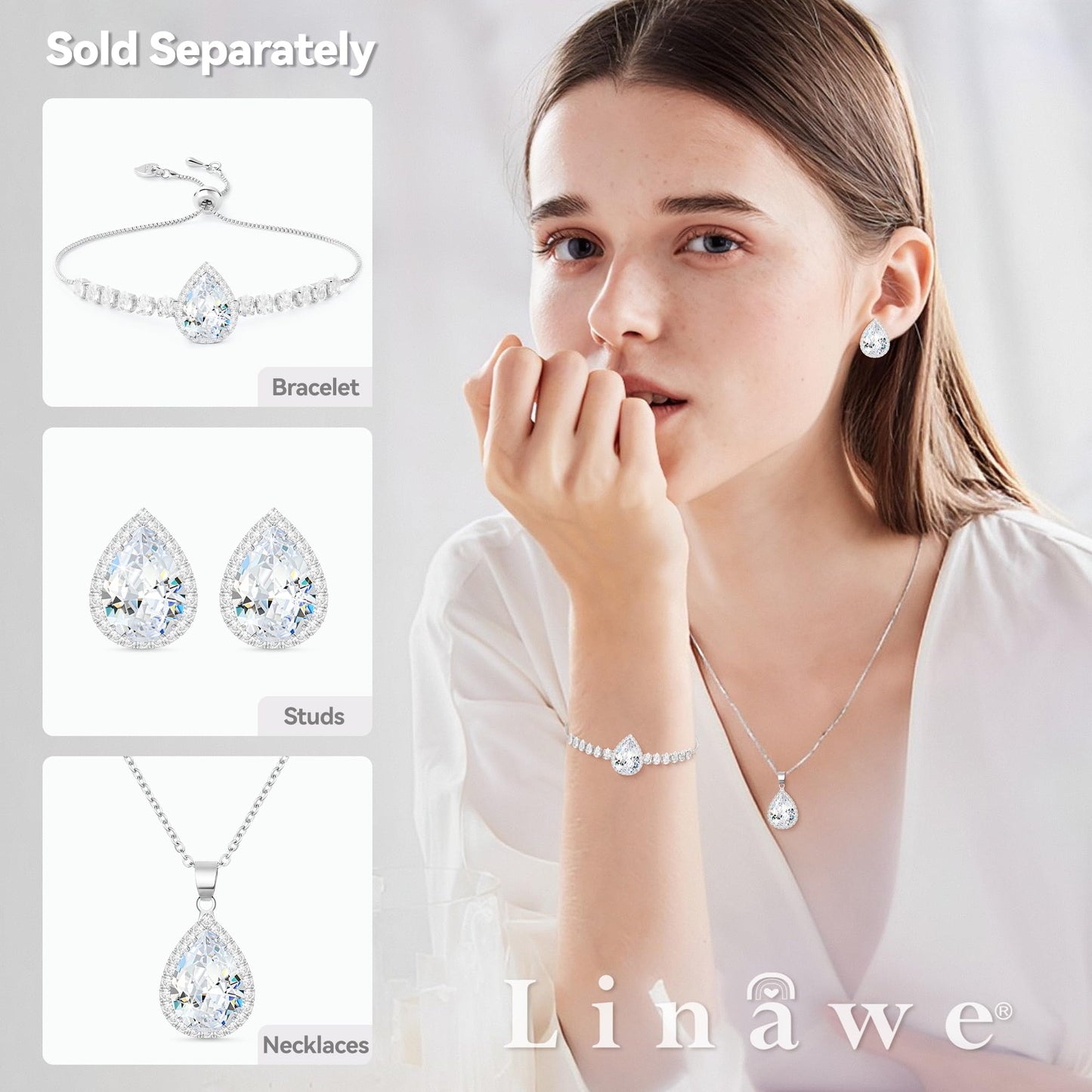 Linawe Silver Crystal Necklace for Women Trendy, Chain Choker Necklace, Moonstone Imitation Diamond Moissanite Bride Bridesmaid Wedding Cubic Zirconia Opal Necklace Set