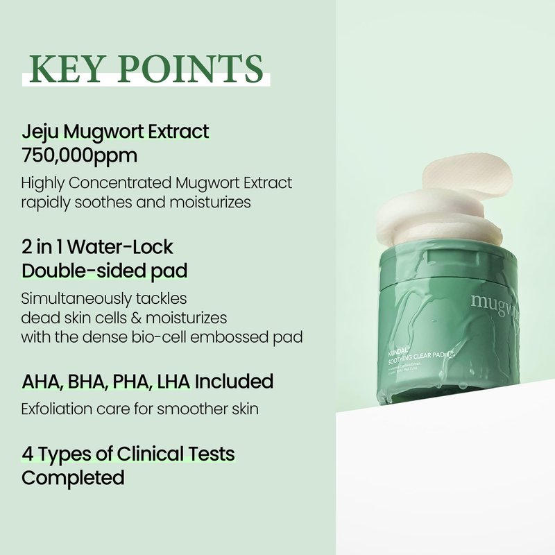 KUNDAL K Beauty Calming Cleansing Clear Pad, Jeju Mugwort, 60 Ct - Highly Concentrated Mugwort Extract Soothes & Moisturizes, Double Sided to Cleanse & Gently Exfoliate, Even Out Facial Texture