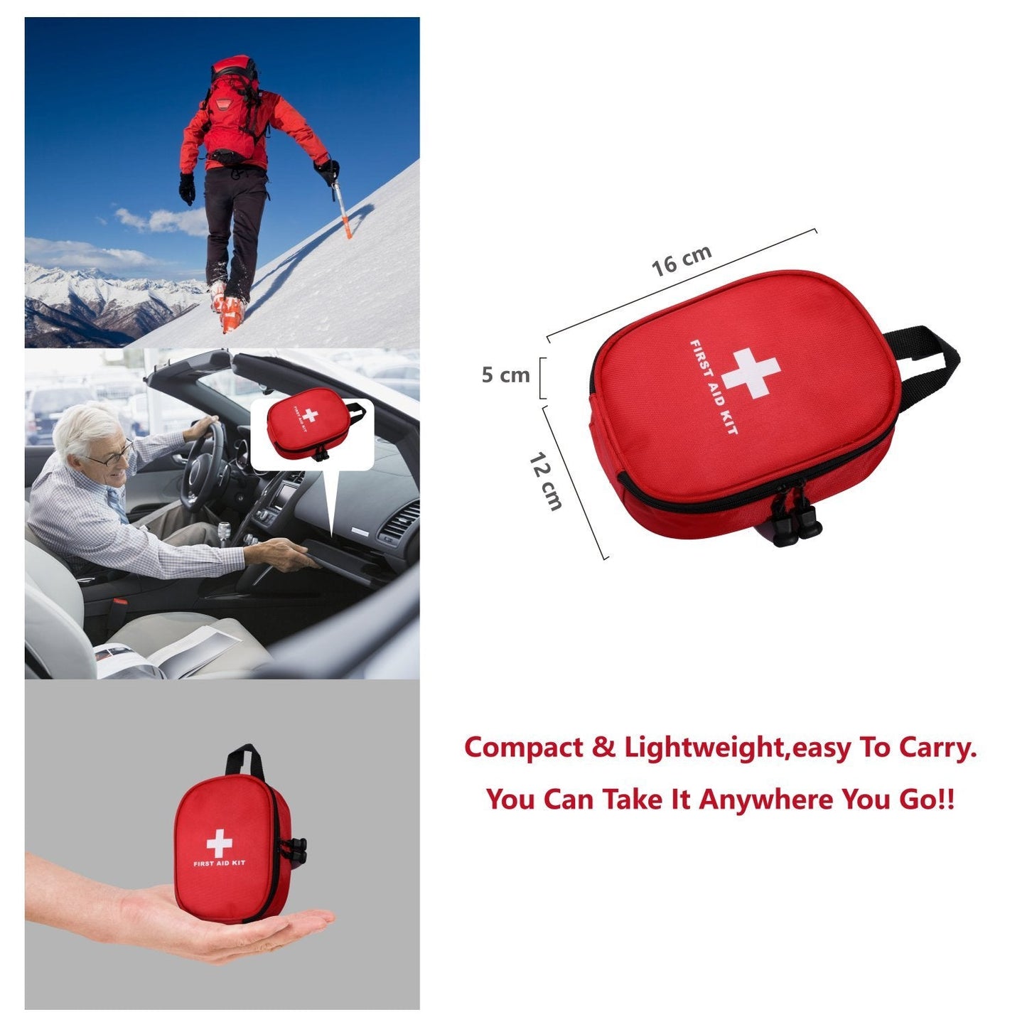 ROOBUCK Waterproof First Aid Kit with Laminate Bags - Emergency Medical Kit for Hiking, Backpacking, Camping, Travel, Car, Cycling - Home & Work First Aid Preparedness, Red