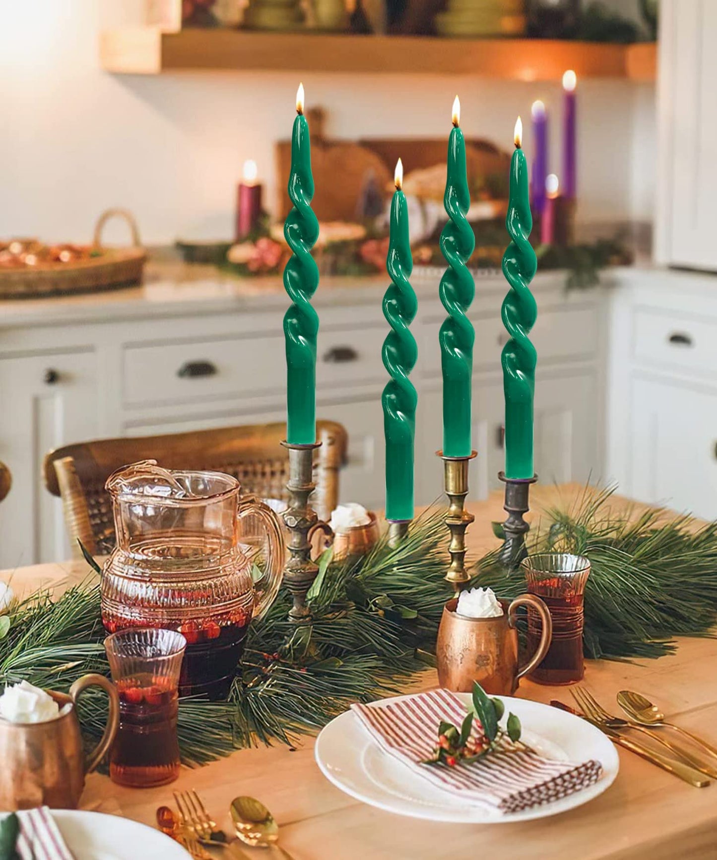 LPUSA Hunter Green Spiral Taper Candles Twisted Candlefor Holiday Wedding Party Wax Unscented Dinner Candle Dripless,Christmas Gift,4pcs（7.5" Hunter Green）"
