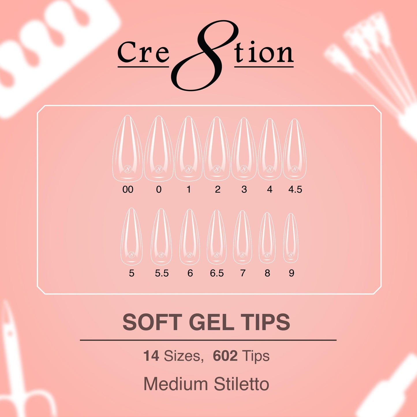 Cre8tion Soft Gel Nail Tips, Medium Stiletto Shape, 602 Tips in 14 Sizes (00-9) for Professional Nail Extensions