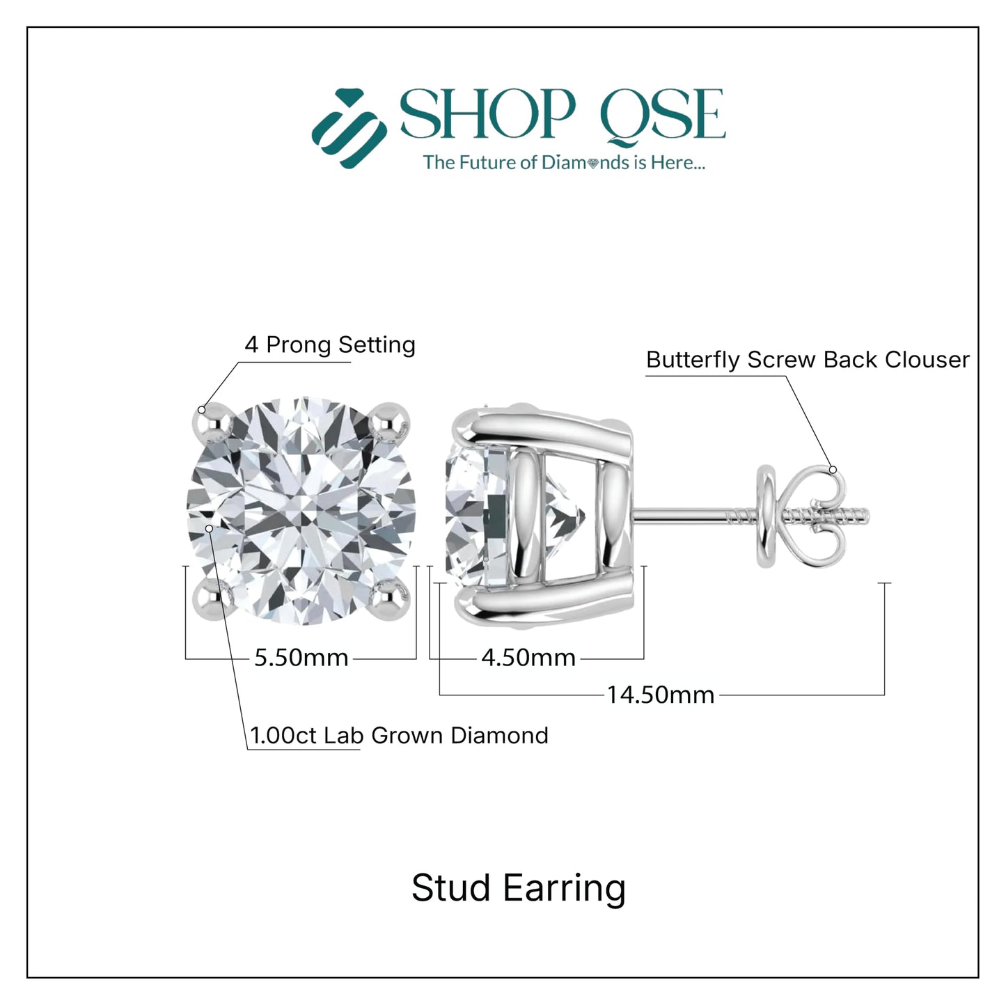 Shop QSE 1 Carat 950 Platinum Lab Grown Diamond Stud Earrings for Women Pushback IGI Certified Jewelry (E-F Color, VS1-VS2 Clarity)