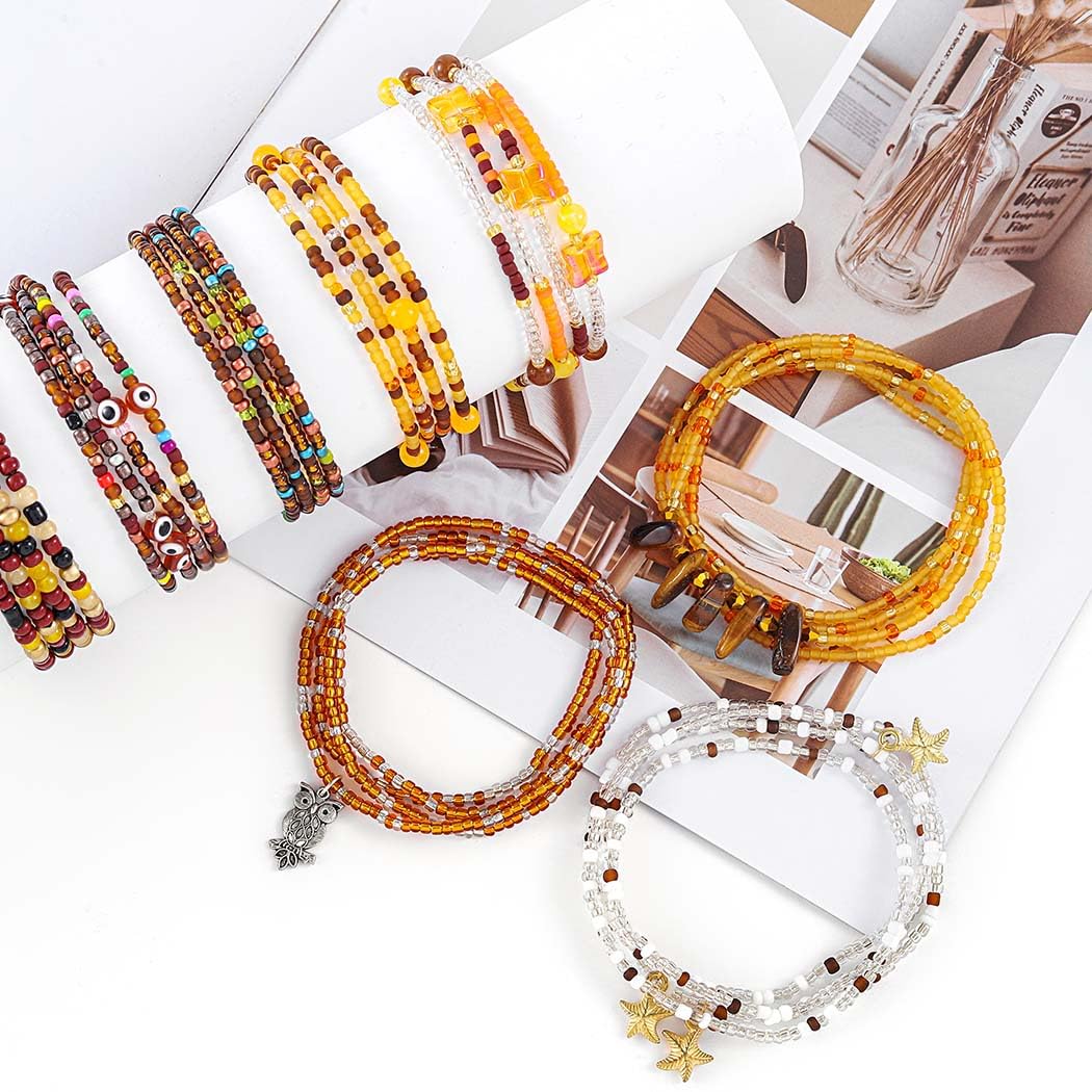 ELABEST 24-39inch African Waist Beads for Women 8Pcs Elastic Belly Beads Colorful Beaded Waist Jewelry Accessories Body Chain (Brown, 39.3inch/100cm)