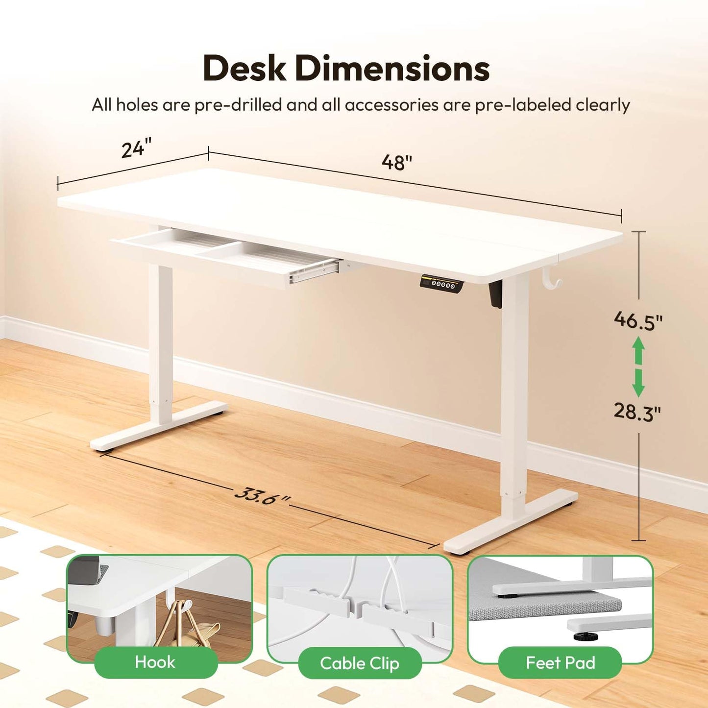 Gamork Electric Standing Desk with Drawers,48x24 inches Height Adjustable Sit-Stand Desk with Storage Shelf,3 Preset Heights,Equipped with Hooks,Ergonomic Gaming Table for Home and Study，White