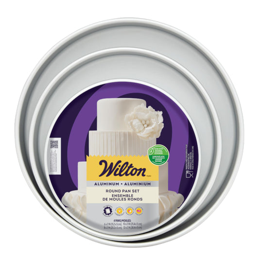 Wilton Aluminum Round Cake Pan Set, 4-Piece for Layered Cakes,Durable, Even Heating, Rust-Resistant, Professional Bakeware, 8, 10, 12 in., Package May Vary