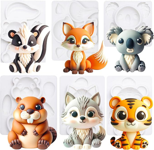 Fondant Molds Woodland Animal Cake Topper 6-count Kit Fox Wolf Tiger Koala Skunks Beavers