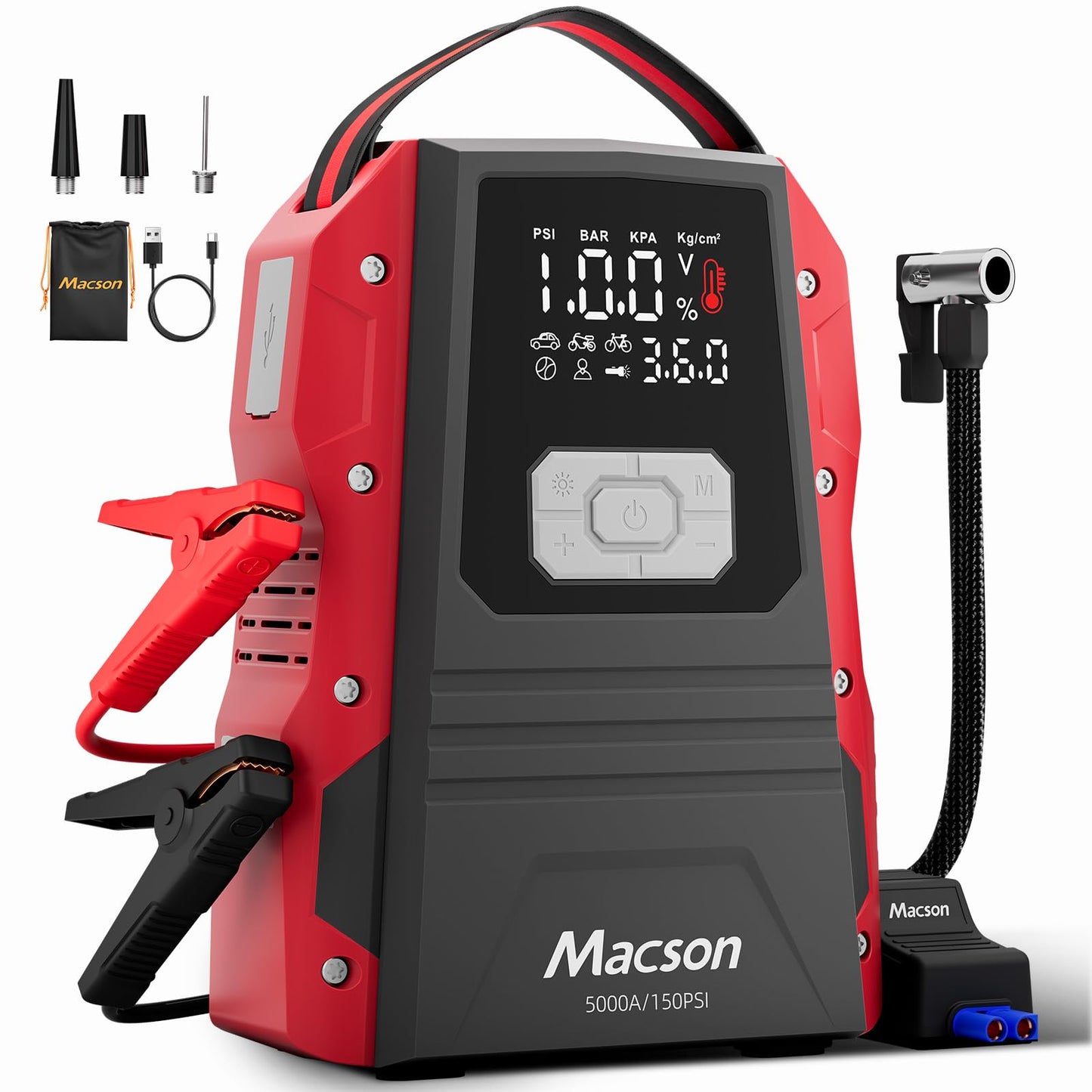 5000A Jump Starter with Air Compressor - Portable 12V Jump Box Battery Pack for 9.0L Gas/8.0L Diesel Engines, Car Jumper Starter Portable with 150PSI Tire Inflator, LED Screen, Fold-Up LED Flashlight