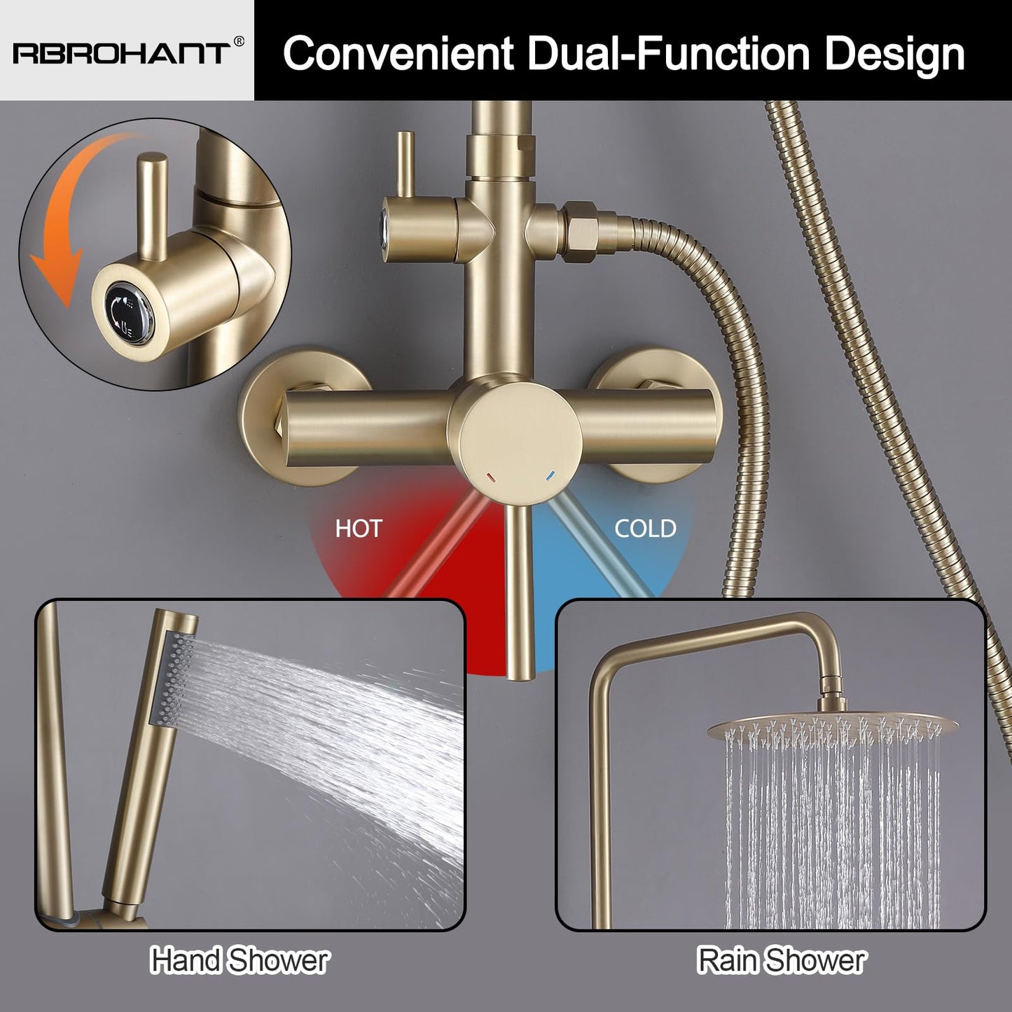 RBROHANT Outdoor Shower, Wall Mount Outdoor Shower Kit, Outside Shower Faucet with Height Adjustable Rain Shower Head and Handheld, Exposed Shower for Backyard, Wall Mounted, Brushed Gold, JK0147