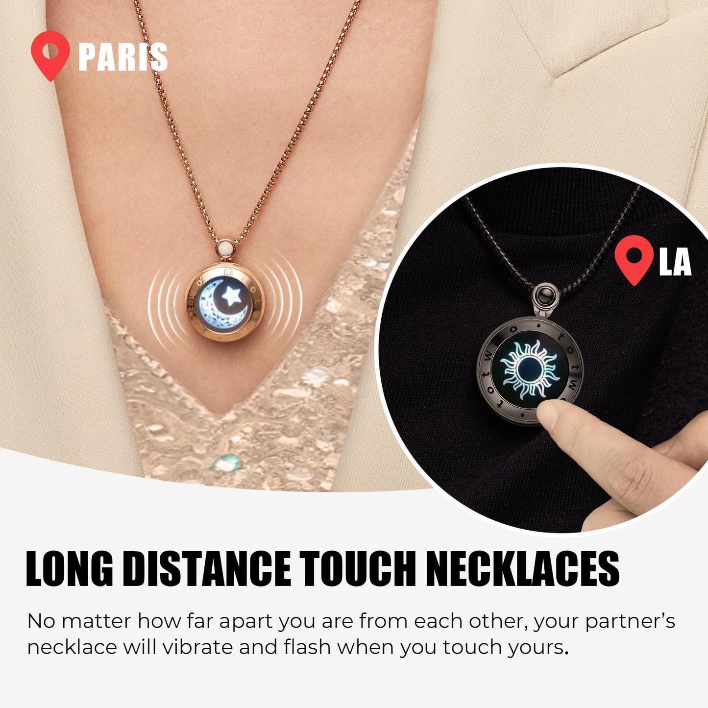 Single Long Distance Touch Necklace for Couples, Vibration & Light Up Smart Love Jewelry, Long Distance Relationship Gifts for Girlfriend Boyfriend Her Him, One-to-One Bluetooth Pairing via the Companion App,Gold Moon