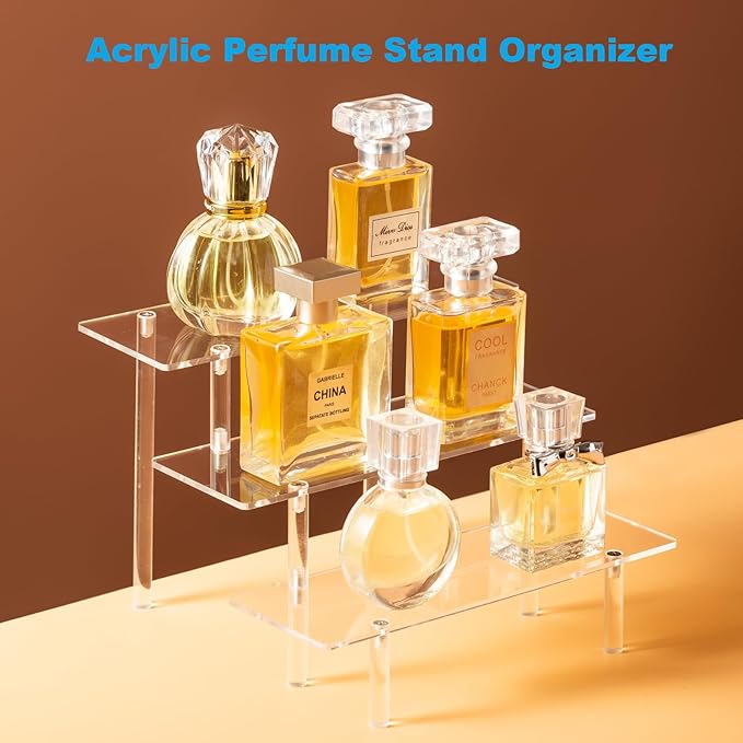 HENABLE Acrylic Display Risers, Acrylic Perfume Stand Organizer, Clear Shelf Risers for Display Stands for Food, Tabletop Use, Amiibo Funko POP Figure, 3 Tier Clear Cupcake Stand Risers