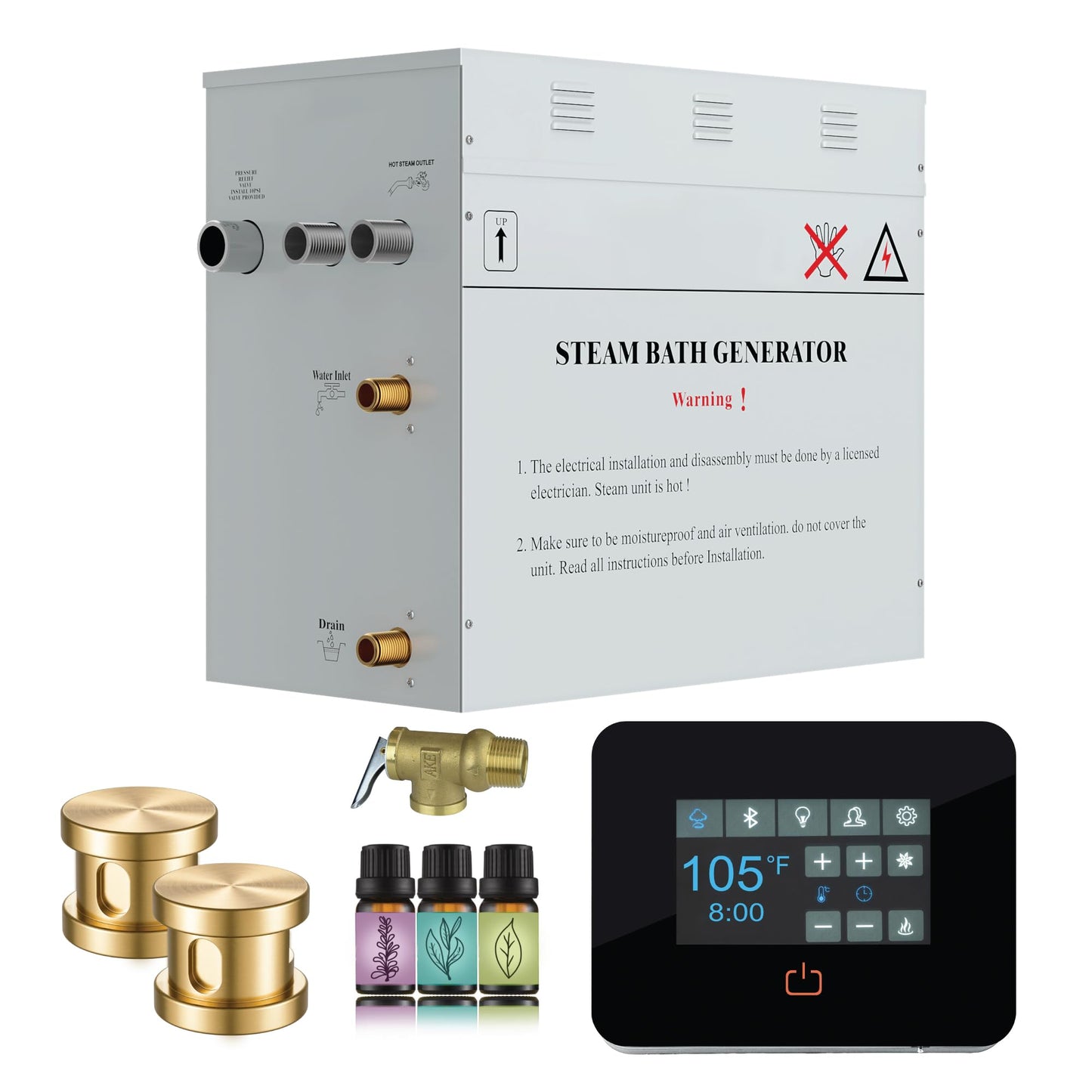 SaunaSpa Builders Series 10.5kW Steam Bath Generator with Quickstart Continuous Steam, Black Digital Touch Pad, Built-in Auto-Drain, and Aroma Steamhead in Gold Finish