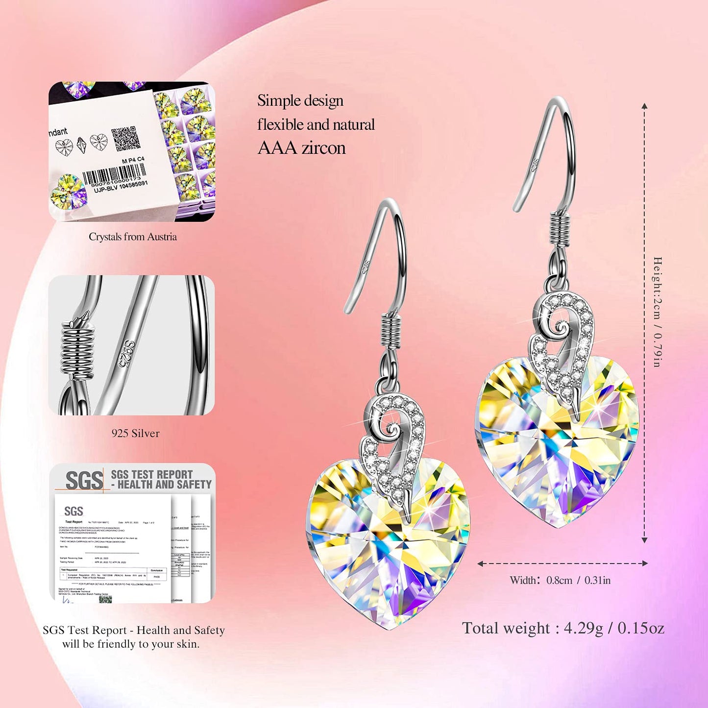 Kate Lynn Angel Wings 925 Sterling Silver Heart Earrings for Women Dngle Drop Crystal Earrings, Birthday Gifts for Women Girlfriend Christmas Anniversary Jewelry for Her Mothers Day Gifts for Mom Wife Daughter