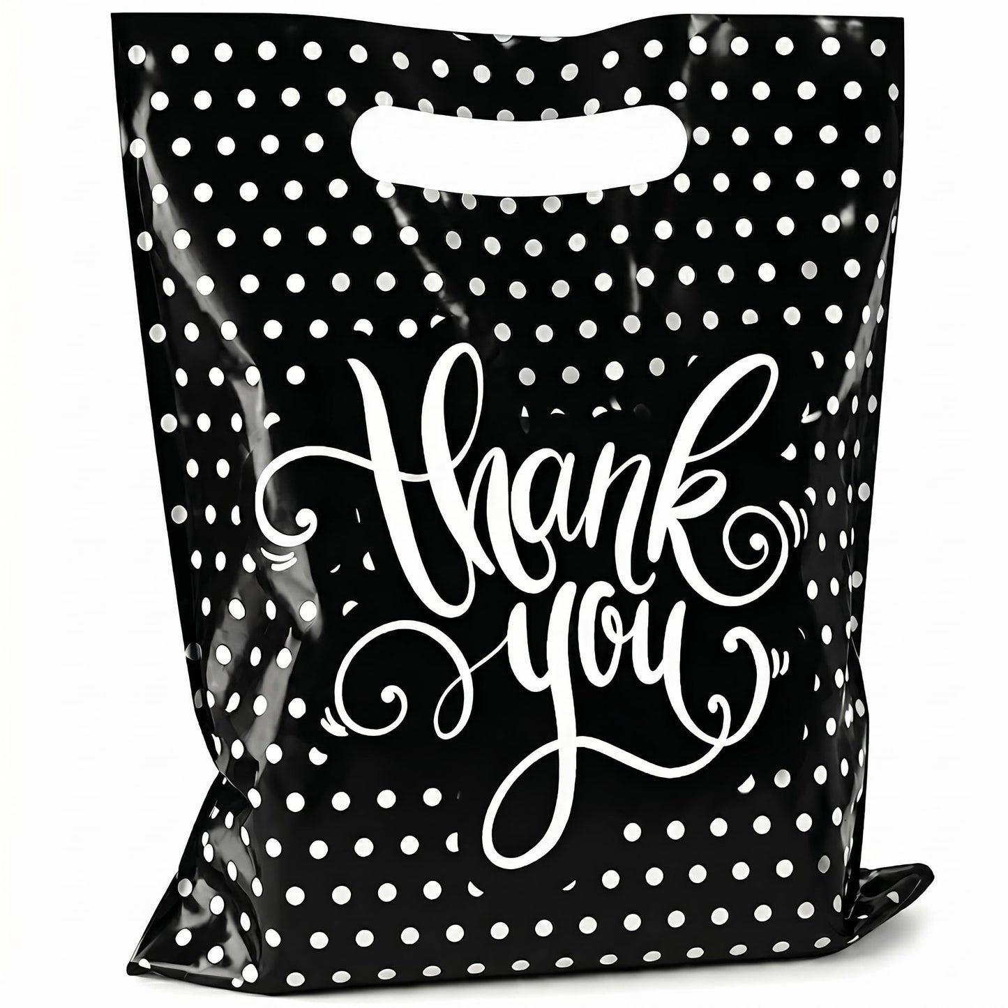 Camtoms Small Thank You Bags With Handles (9x12) - Glossy Plastic Retail Merchandise Bags for Jewelry, Boutique Accessories, Party Favors - White Bulk Packaging