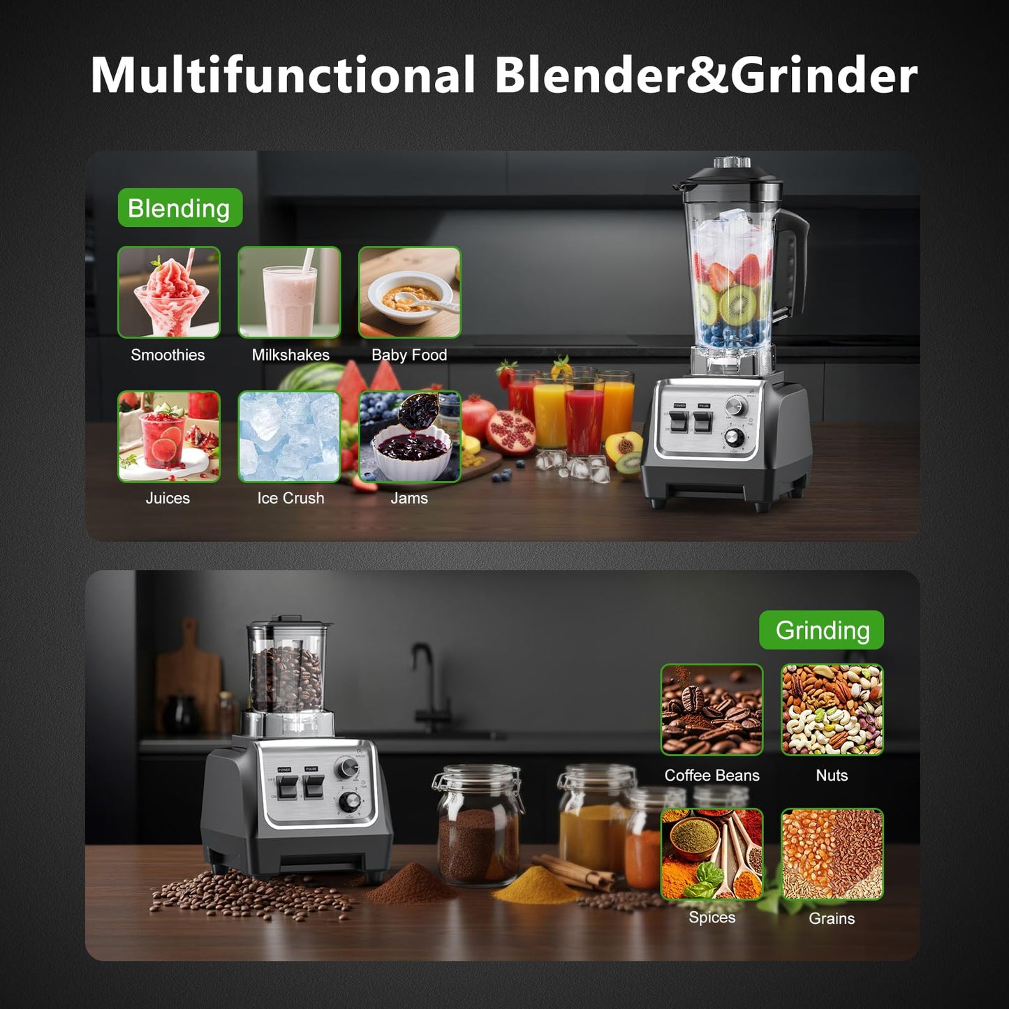 H-Duka Blender for Smoothies with 1800 Watt Motor Powerful Countertop Blenders for Kitchen 70OZ Large Capacity Smoothie Blender and Grinder Combo for Ice Crush Frozen Drinks Puree