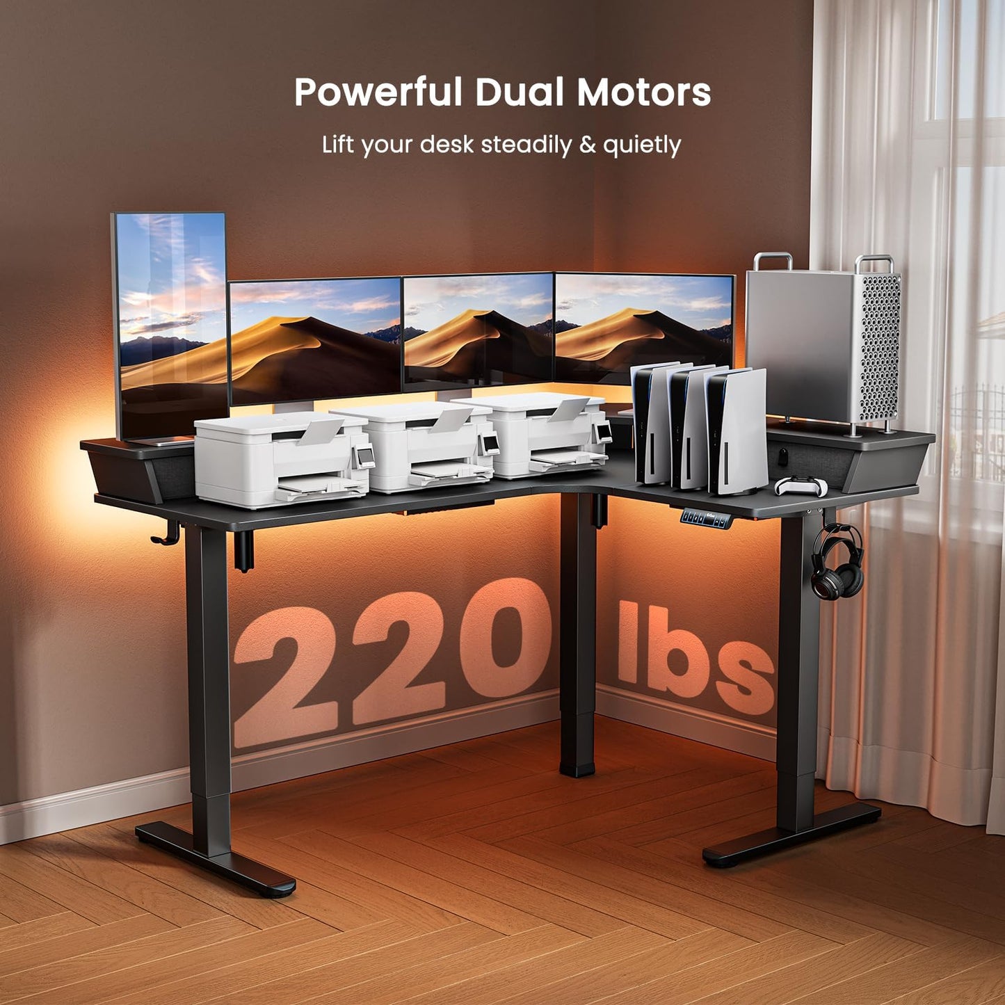 ErGear Electric L Shaped Standing Desk, 65'' Height Adjustable Corner Stand up Desk with Storage Drawers & Cable Management Trays, Modern Home Office Computer Workstation, Black