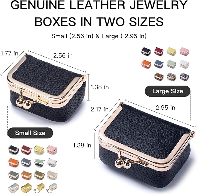 Genuine Leather Mini Jewelry Box - Vintage-Inspired Travel Jewelry Organizer with Kiss Lock, Compact Ring Box for Women, Perfect for Earrings, Rings, Necklaces, Bracelets (B Orange)