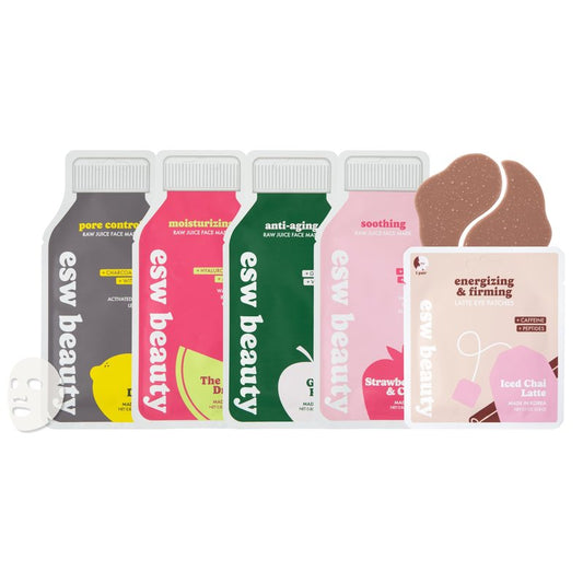 ESW Beauty Most Loved K Beauty Skincare Set - Korean Face Masks & Under Eye Patches - Iced Chai Latte Eye Patches - Strawberries & Cream, Deep Detox, The Pink Dream, & Green Reset Face Masks