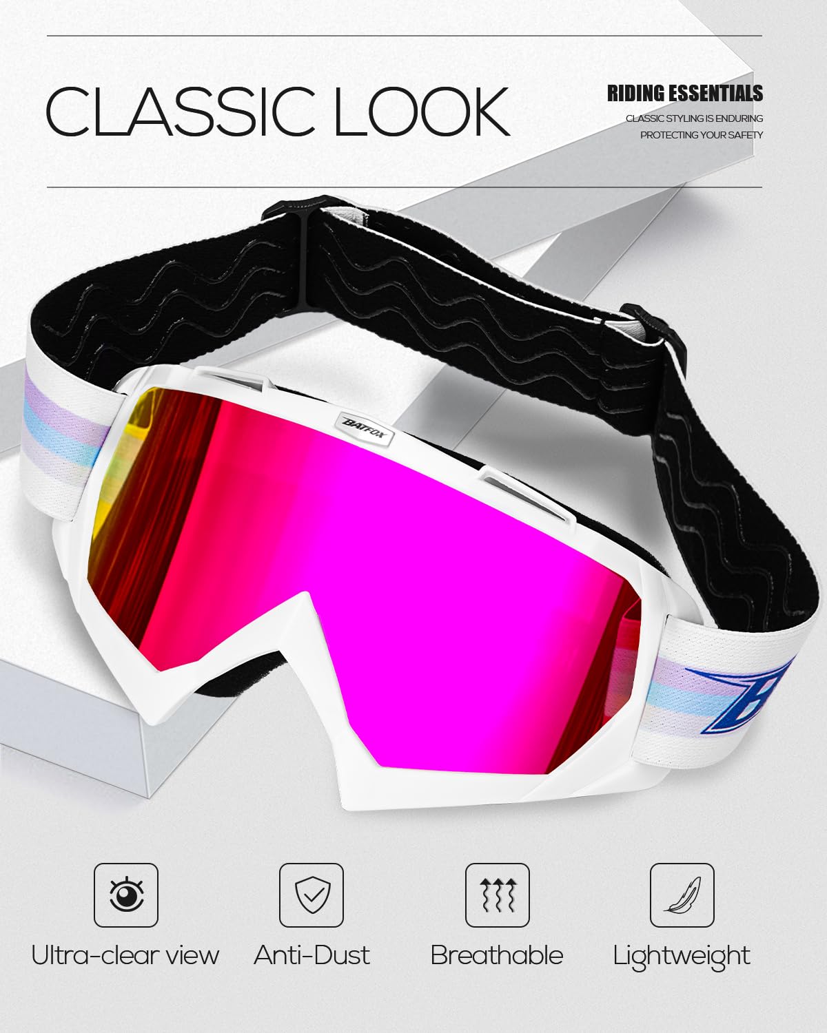 BATFOX Motorcycle Glasses Goggles Dirt Bike Motocross Safety ATV Tactical Riding (HD Purple-White Color, Adult)