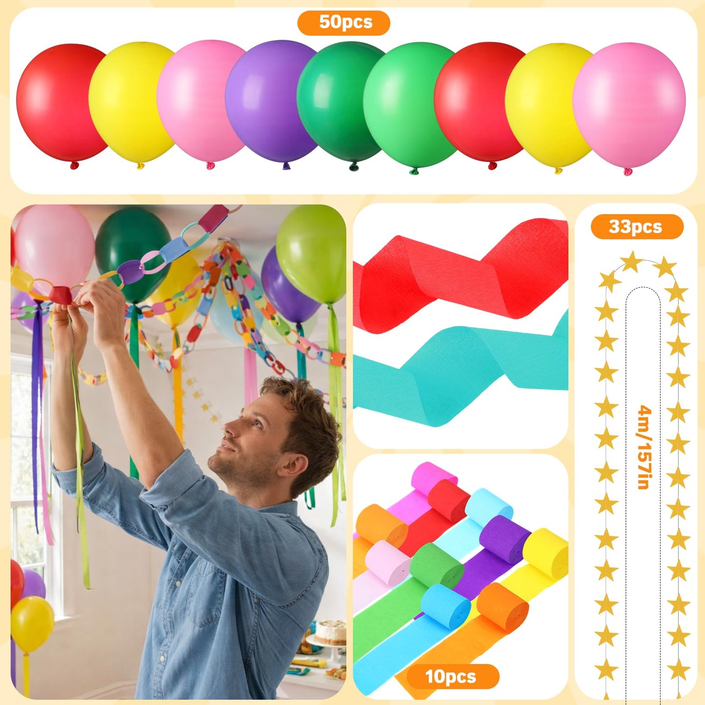 Teyva Daily Rainbow 665 Pcs Birthday Party Decor Kit 600 Sheets Paper Chain Garland 10 Rolls 330 ft Pastel Crepe Paper 50 Balloons 4 Star Stripe and Stapler Set DIY Hanging (0.98" X 8.66")