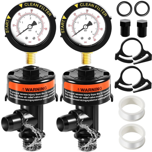 2 Pack 98209800 High Flow Manual Air Relief Valve w/Pressure Gauge Replacement for Pool and Spa Filter for Pool and Spa Filter Clean & Clear, EasyClean, Warrior, FNS/FNS Plus, Predator Pool Filter