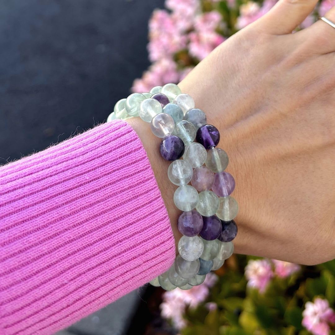 Adabele Real Natural Multicolor Fluorite Gemstone Beaded Bracelet 8 inch Stretch Chakra Healing Crystal Stone Jewelry Women Mom Gift GB8-C2