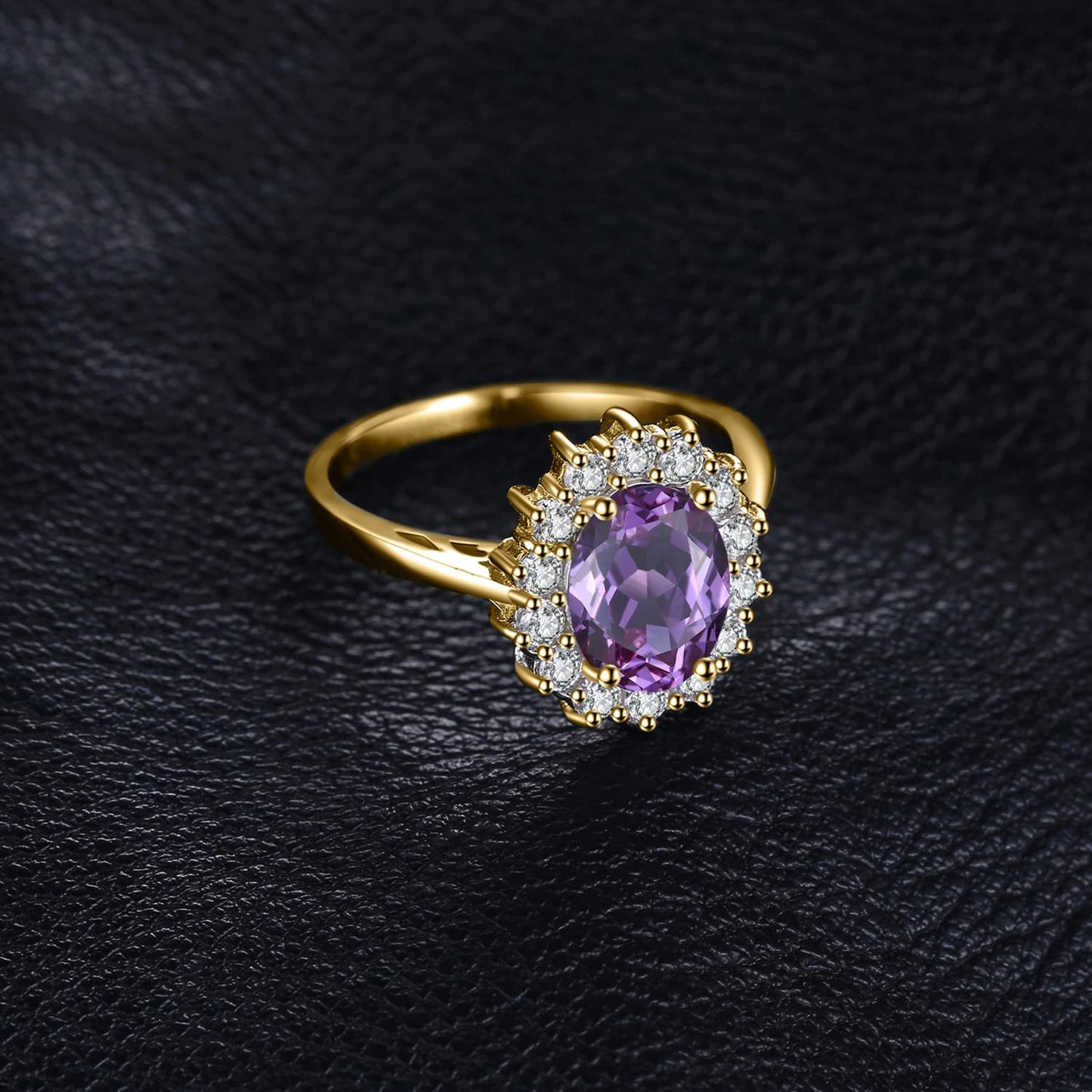 JewelryPalace Princess Diana Kate Middleton Gemstone Birthstone Purple Amethyst Halo Statement Engagement Rings for Women, 14K Yellow Gold Plated 925 Sterling Silver Promise Rings for Her Size 10.5