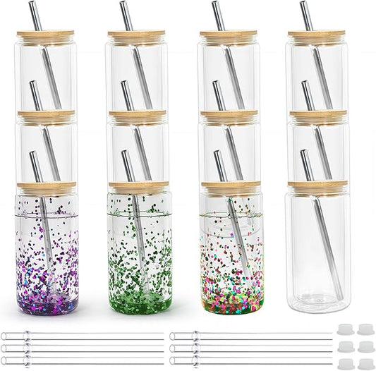 16 oz Acrylic Snow Globe Tumbler Snow Globe Cups Double Wall Snowglobe Tumbler with Pre Drilled Hole Clear Plastic Cups with Bamboo Lids and Straws for Iced Coffee Boba Juice Soda 12 Pack