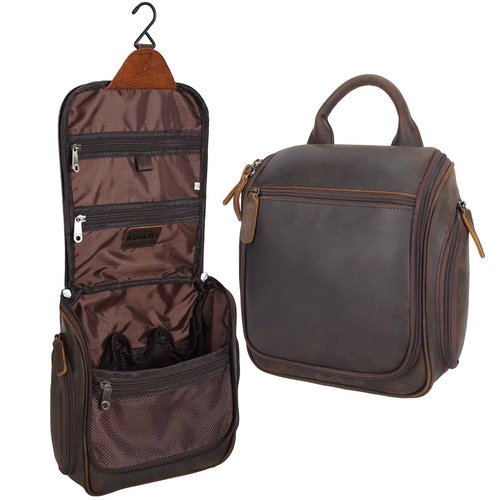 Masa Kawa Leather Hanging Travel Toiletry Bag for Men Portable Expandable Camping Cosmetics Makeup Toiletries Organizer Vintage Bathroom Shaving Kit Brown Wash Bags