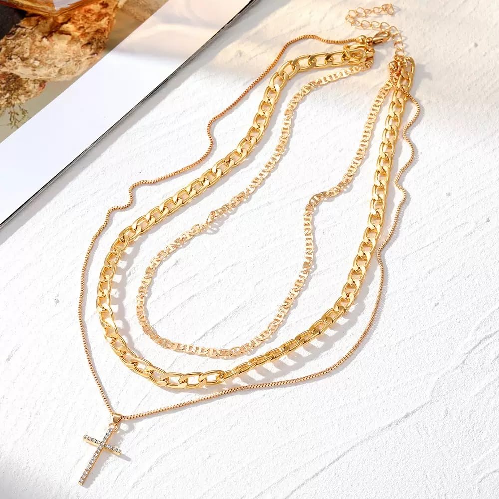 JELLYSEE Gold Necklaces for Women - 14K Gold Plated Layering Necklaces Trendy Circle Paperclip Chain Pendant Choker Necklace, Simple Diamond Cross Bow Jewelry Set Gifts for Women