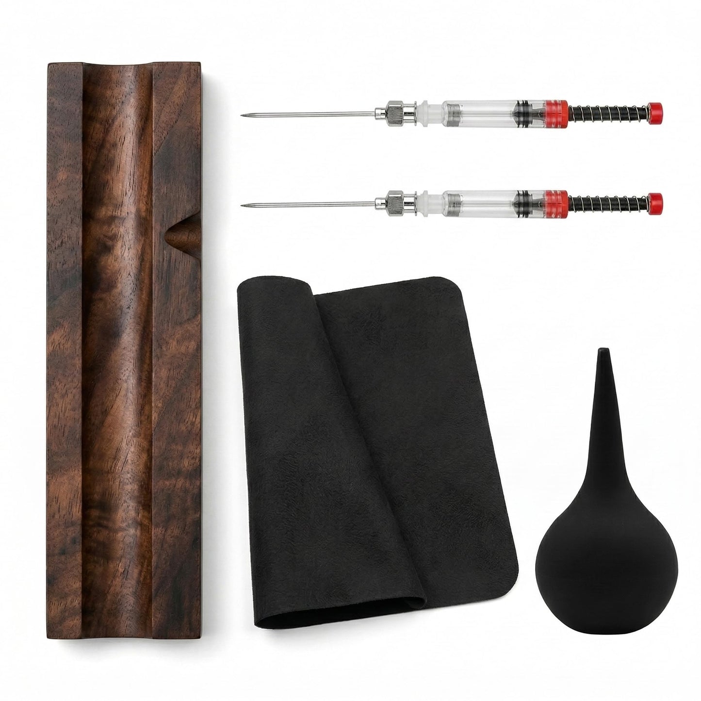 Fountain Pen Cleaning Kit with Black Walnut Pen Rest, 2 Ink Filling Tools, Premium Cleaning Cloth and Rubber Cleaning Bulb, Fountain Pen Maintenance Set for Flushing, Filling and Daily Pen Care