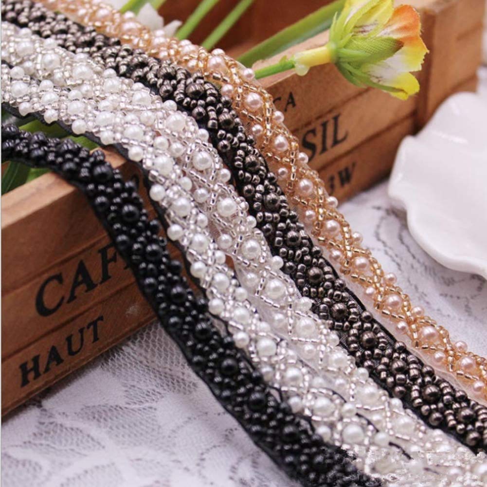 FQTANJU 3 Yards 15mm Width Black Beads Lace Ribbon Applique Pearl Trim Edge Tape for Wedding Party Decoration, Home Deco, DIY Costume Decor