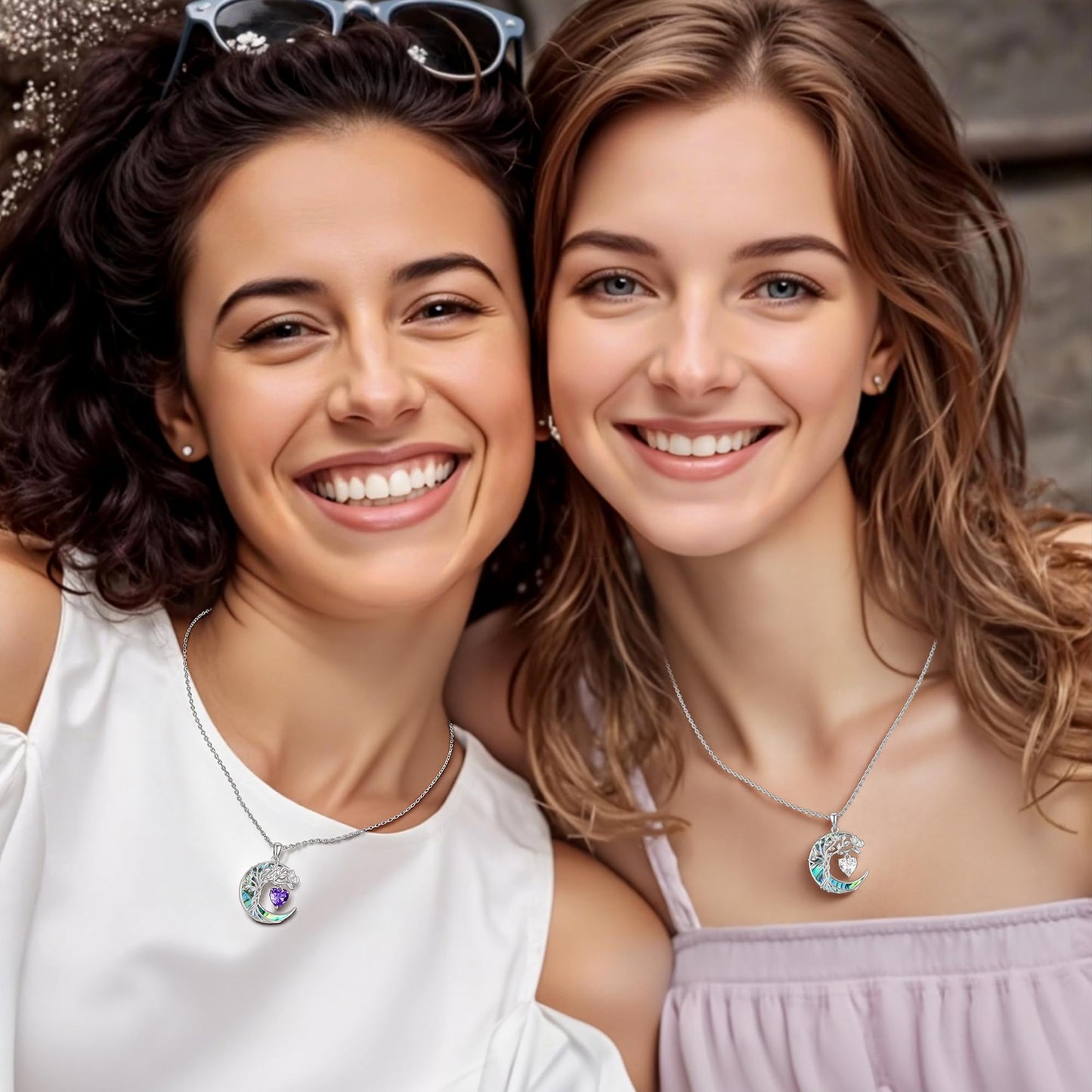 Distance Tree of Life Birthstone Necklace for Women, S925 Sterling Silver Premium Abalone Shell Moon Pendant February Heart Birthstone Necklace, Amethyst Jewelry Christmas Birthday Gifts for Her Wife