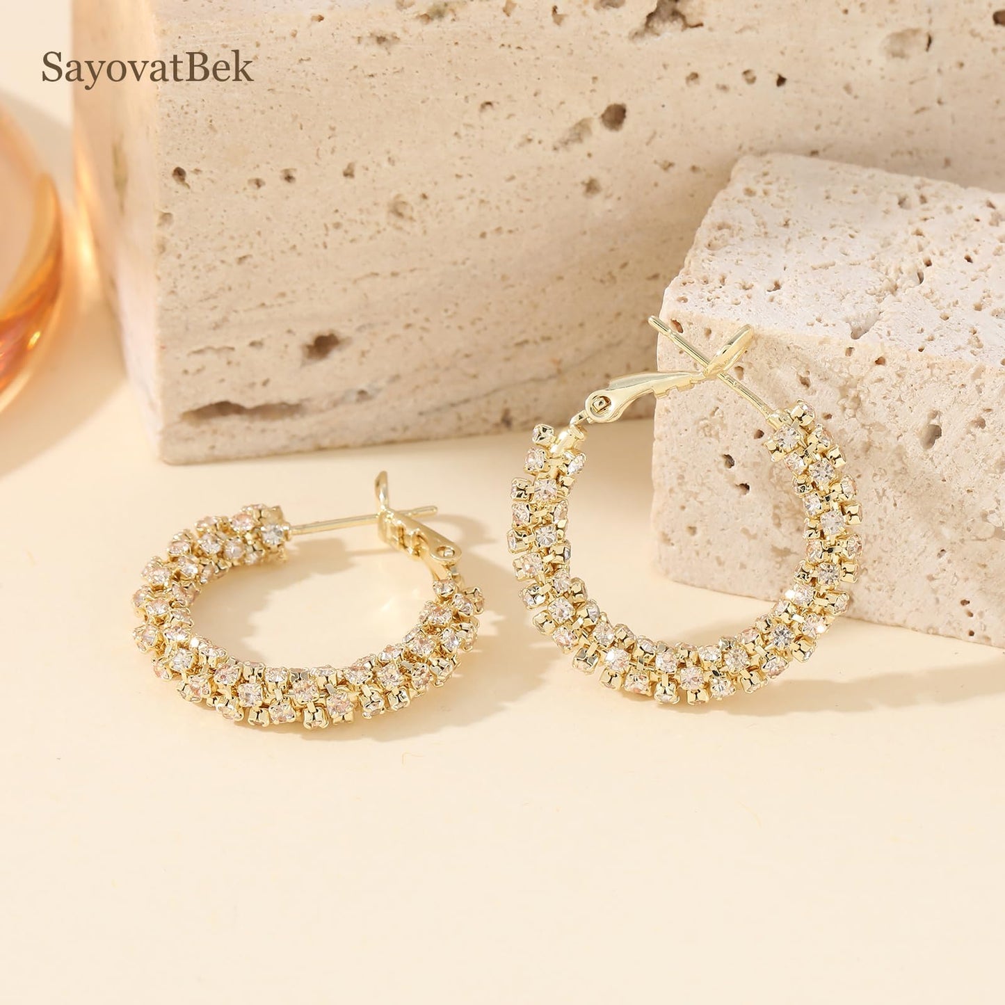 SayovatBek 14K Gold Plated 25–35mm Lightweight Hoop Earrings for Women, Cubic Zirconia, 925 Sterling Silver Post, Hypoallergenic Jewelry