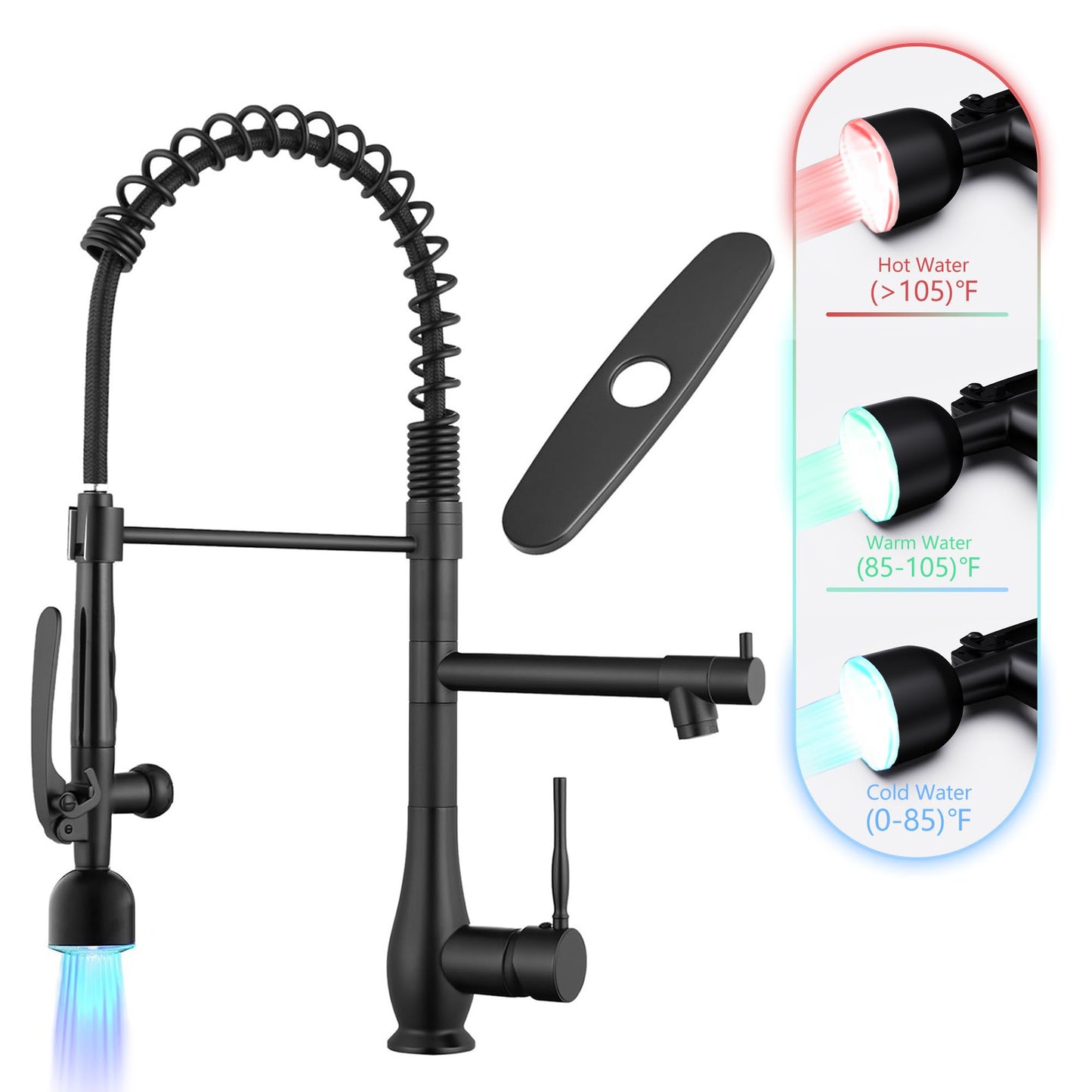 GIMILI Kitchen Faucet with LED Single Handle Kitchen Sink Faucet with Pull Down Sprayer Commercial Double-Headed Stainless Steel Kitchen Faucets Sink with Deck Plate Matte Black
