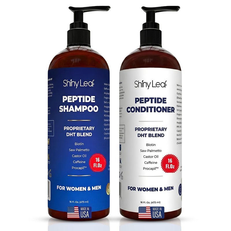 Shiny Leaf Peptide Shampoo and Conditioner Set - Biotin Hair Care with Caffeine & Saw Palmetto - Sulfate Free Thickening Formula for Men & Women - Safe for Color Treated Hair - 16 fl oz (Pack of 2)