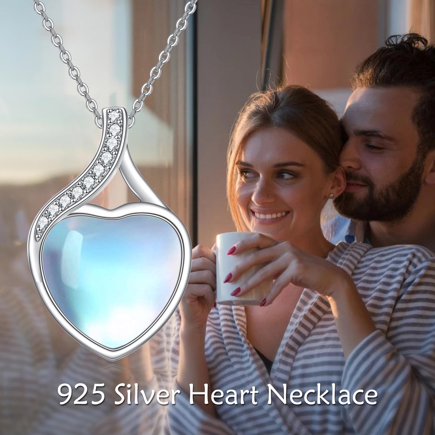 YAFEINI 925 Sterling Silver Moonstone Necklace Cubic Zirconia Heart Pendant Necklace Jewelry for Women (WW-Moonstone Cubic Zirconia Necklace)
