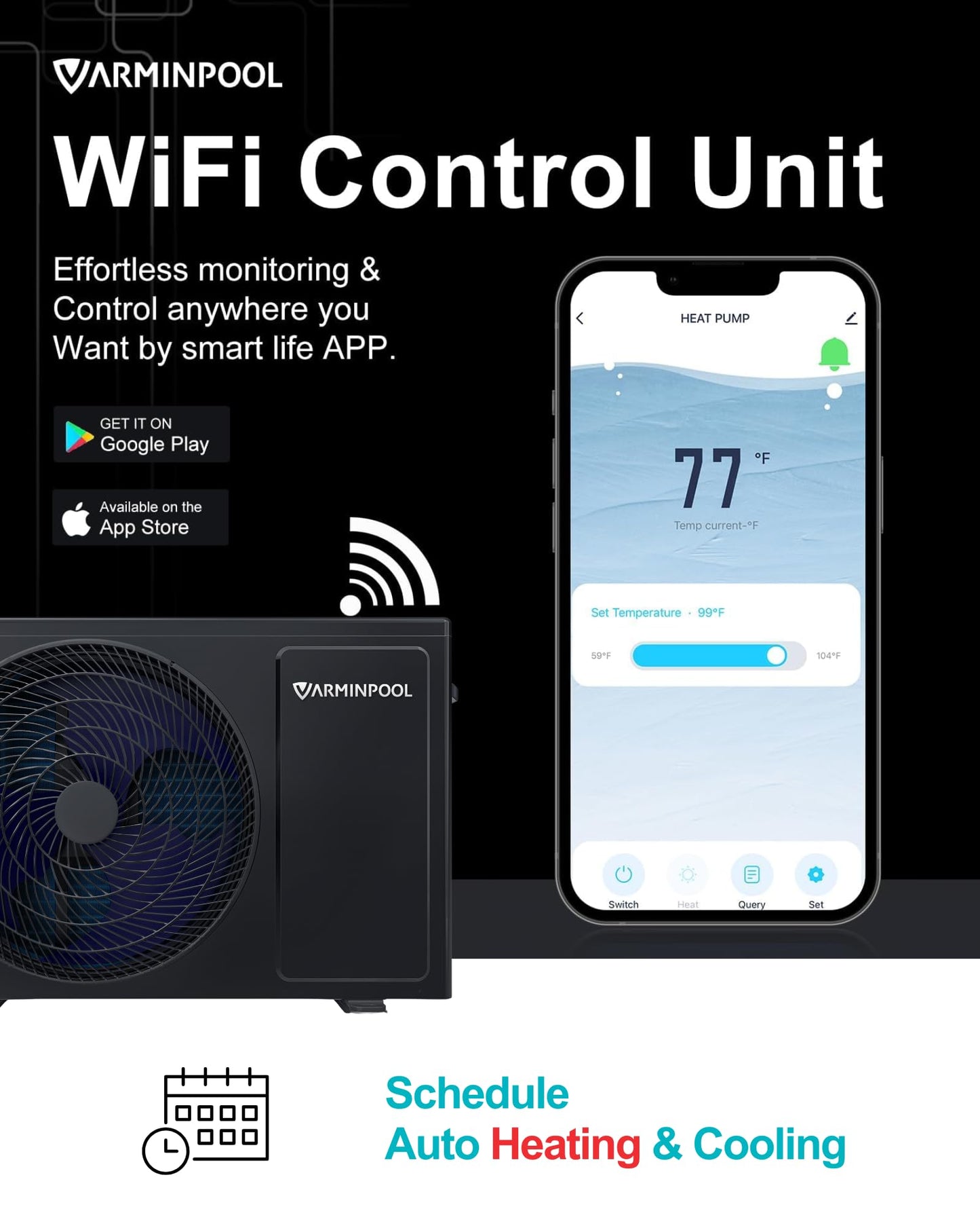 VARMINPOOL Smart Pool Heat Pump with WiFi Remote Control for 7000 Gals In and Above Ground Pool, 27000 BTU Electric Pool Heater, No Gas, 120V, Titanium Heat Exchanger