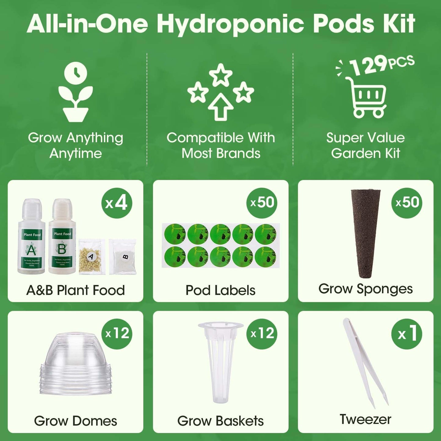 PlantaPulse 129Pcs Hydroponic Pods Kit with A&B Plant Food, 50 Grow Sponges, 50 Plant Labels, 12 Grow Baskets, 12 Grow Domes and 1 Tweezers - Indoor Hydroponics Supplies