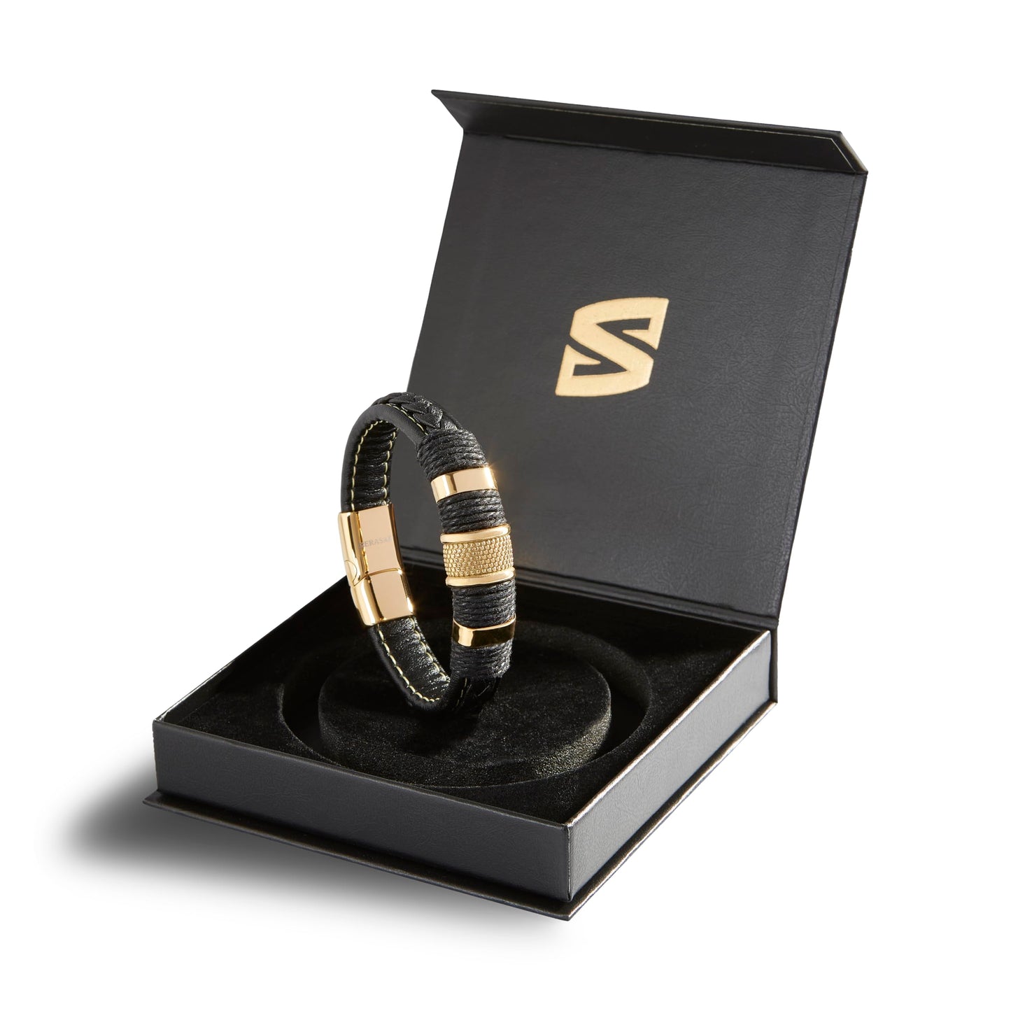 SERASAR Pulseras para hombre 23cm Oro, Caja de regalo, Piel vaca genuina trenzada, Cierre magnetico ajustable, Envoltura multicapa, Joyero, Cuerda hombre, Accesorios joyeria