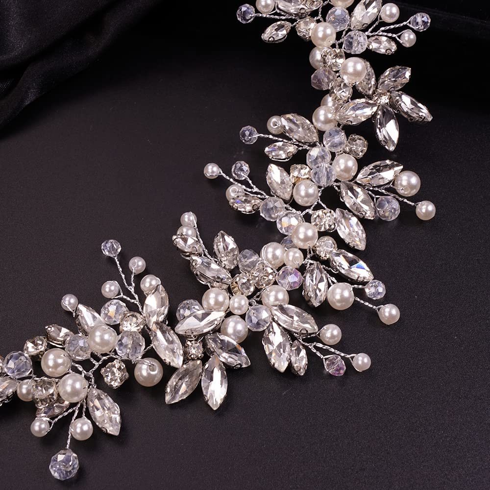Teyglen Dainty Rhinestones Pearls Crystal Large Headband Vine Handmade Bridal Flower Headband Wedding Hair Accessories for Brides Hair Pieces Gold Silver Headpieces for Women Girl (Silver)