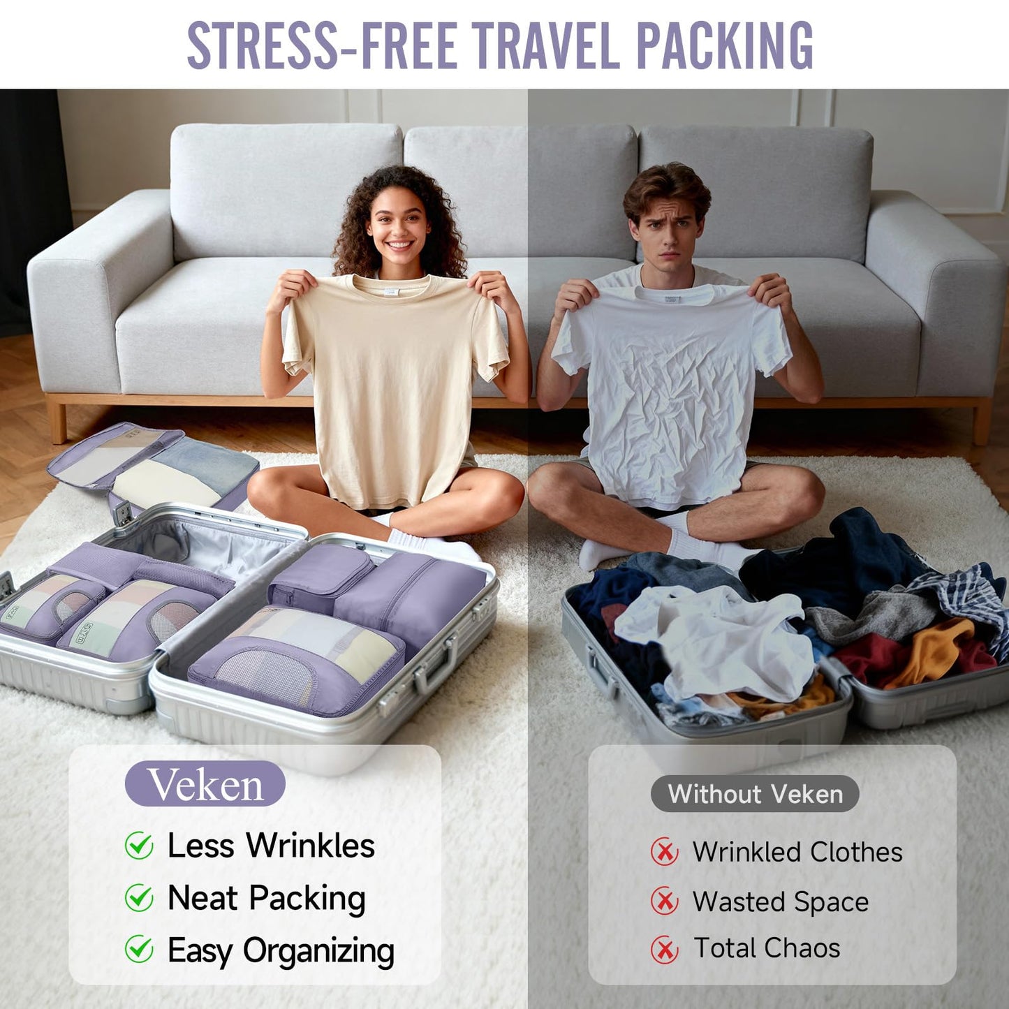 Veken 8 Set Packing Cubes for Travel Essentials, Suitcase Organizer Bags in 4 Sizes, Carry-On Luggage Accessories with Large Laundry & Hanging Toiletry Bag, Must-Have for Airplane, Road Trip & Camping