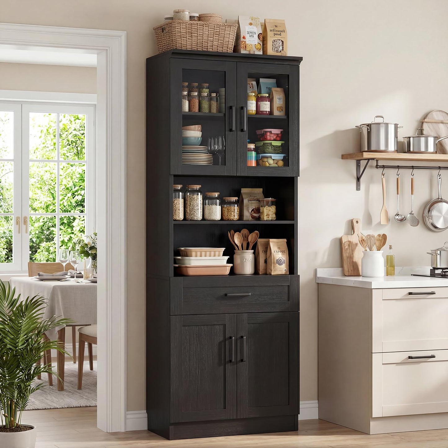 Unikito 79.7" Tall Kitchen Pantry Storage Cabinet, Freestanding Kitchen Hutch Cabinet with Glass Door, Adjustable Shelves and Drawer, Display Bookcase for Living Room, Dining Room, Bathroom, Black