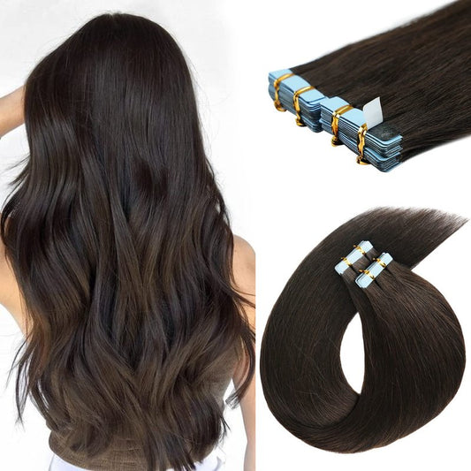 20 inch Tape in Hair Extensions Human Hair Straight Tape Hair Extensions for Women 20 Pcs/50g Seamless Skin Weft #2 Dark Brown Real Hair Extension Invisible Tape ins Human Hair
