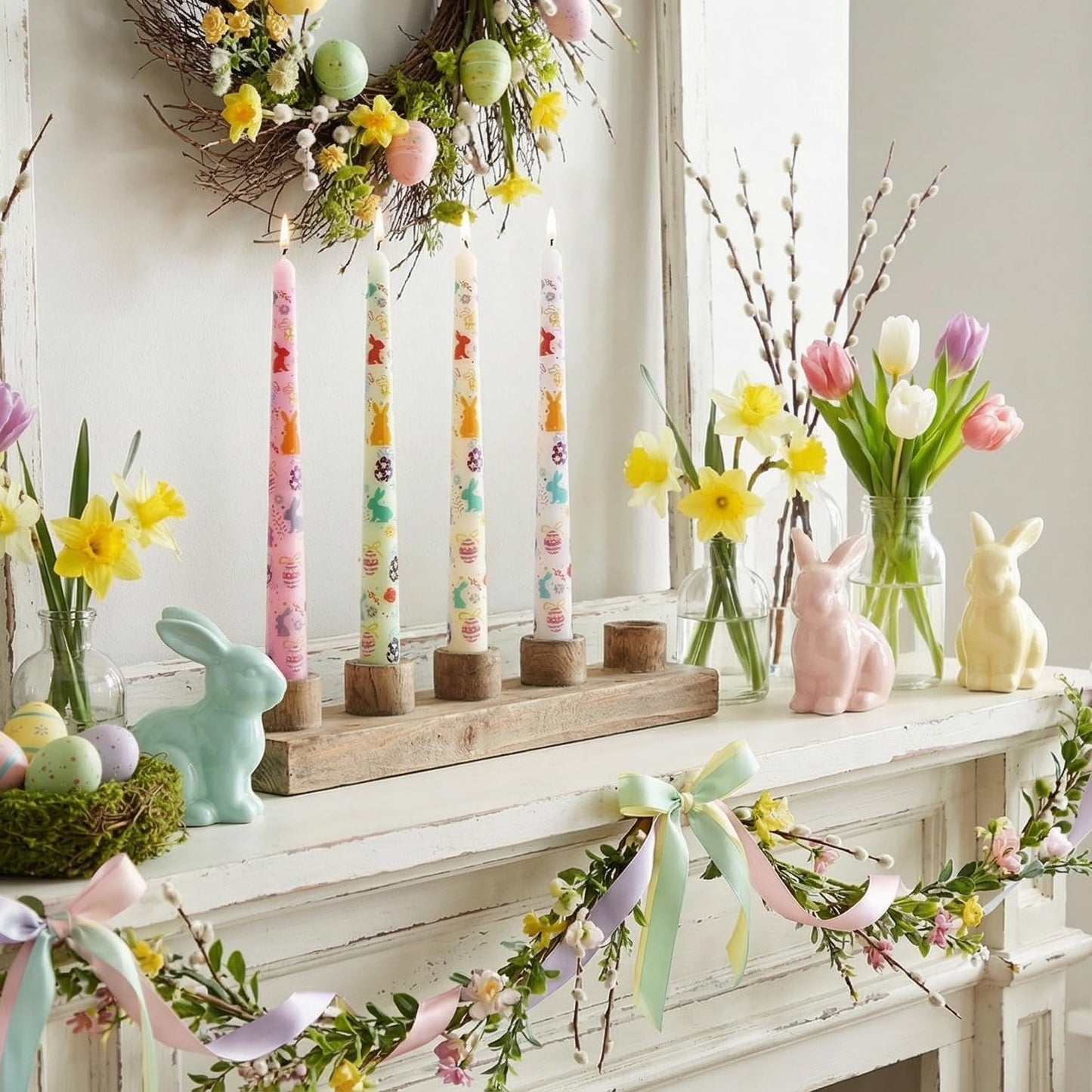 FYBW 4 Pack Easter Printed Taper Candles, 10" Long Decorative Candles with Spring Bunny & Egg Design Decorative Candles for Easter Table & Home Decor"