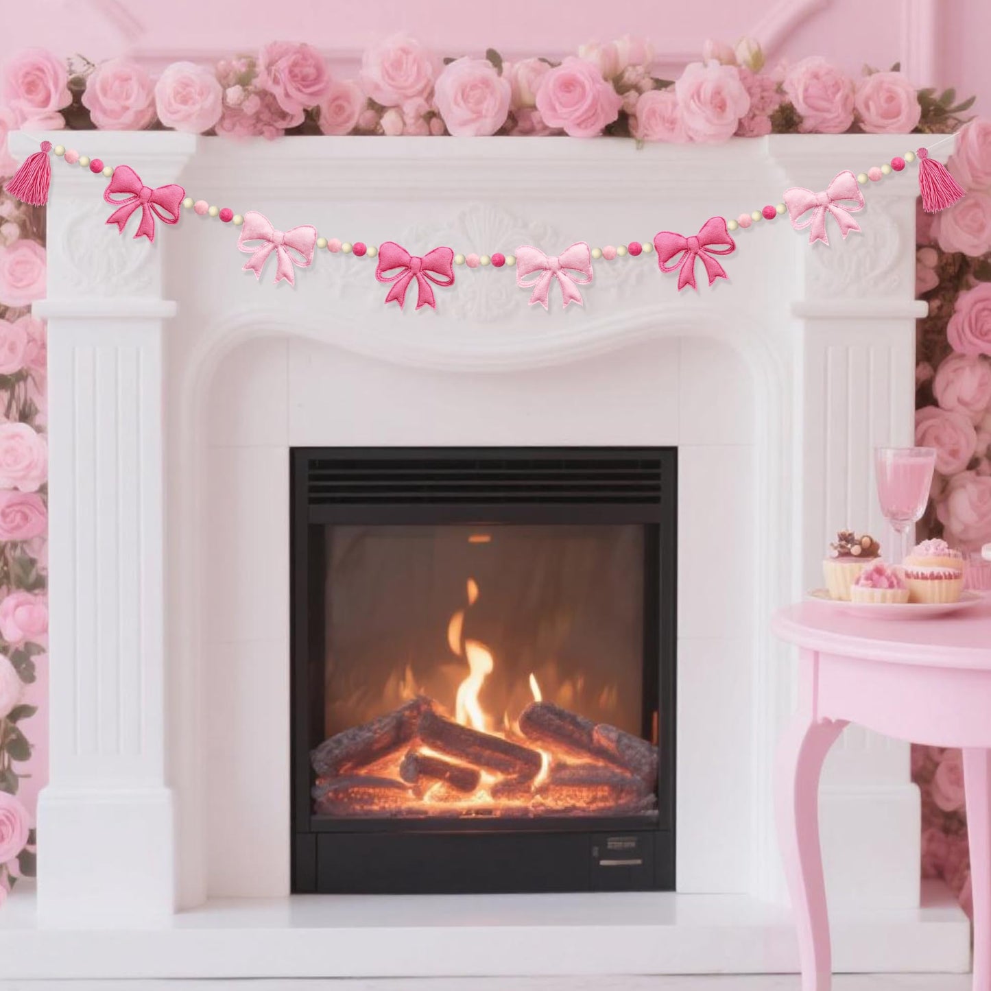 Pink Bow Decorations Pre-Strung Felt Handmade Bow Banner Wool Felt Ball Wooden Bead Bow Garland Streamer for Nursery Classroom Home Mantle Fireplace Decor Baby Shower Coquette Birthday Party Supplies