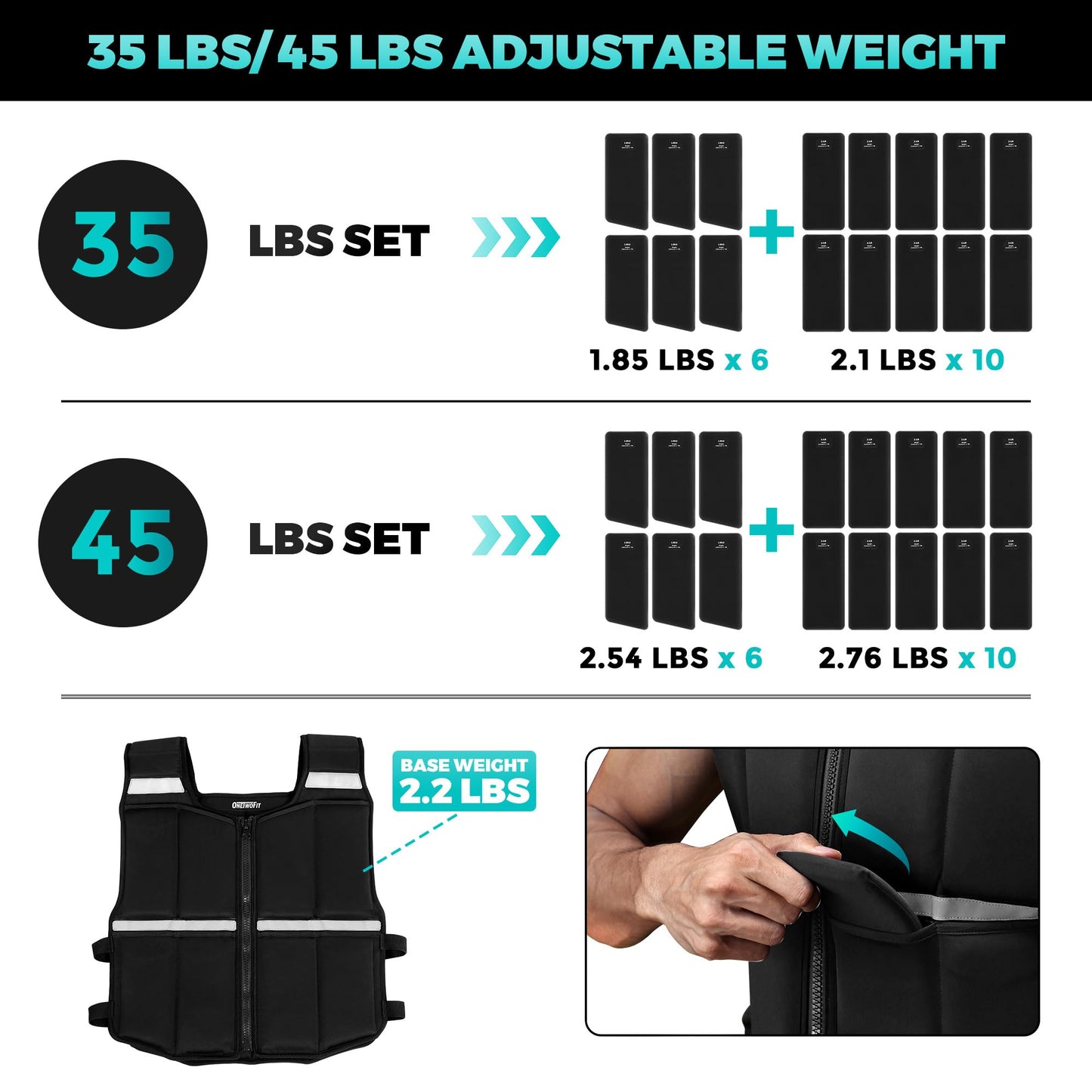 Adjustable Weighted Vest for Men Women, 19lb/35lb/45lb Rucking Vests for Walking with Zipper/16pcs Silicone Weights, Strength Training Workout Vest for Running GYM Home, Removable Reflective Strips