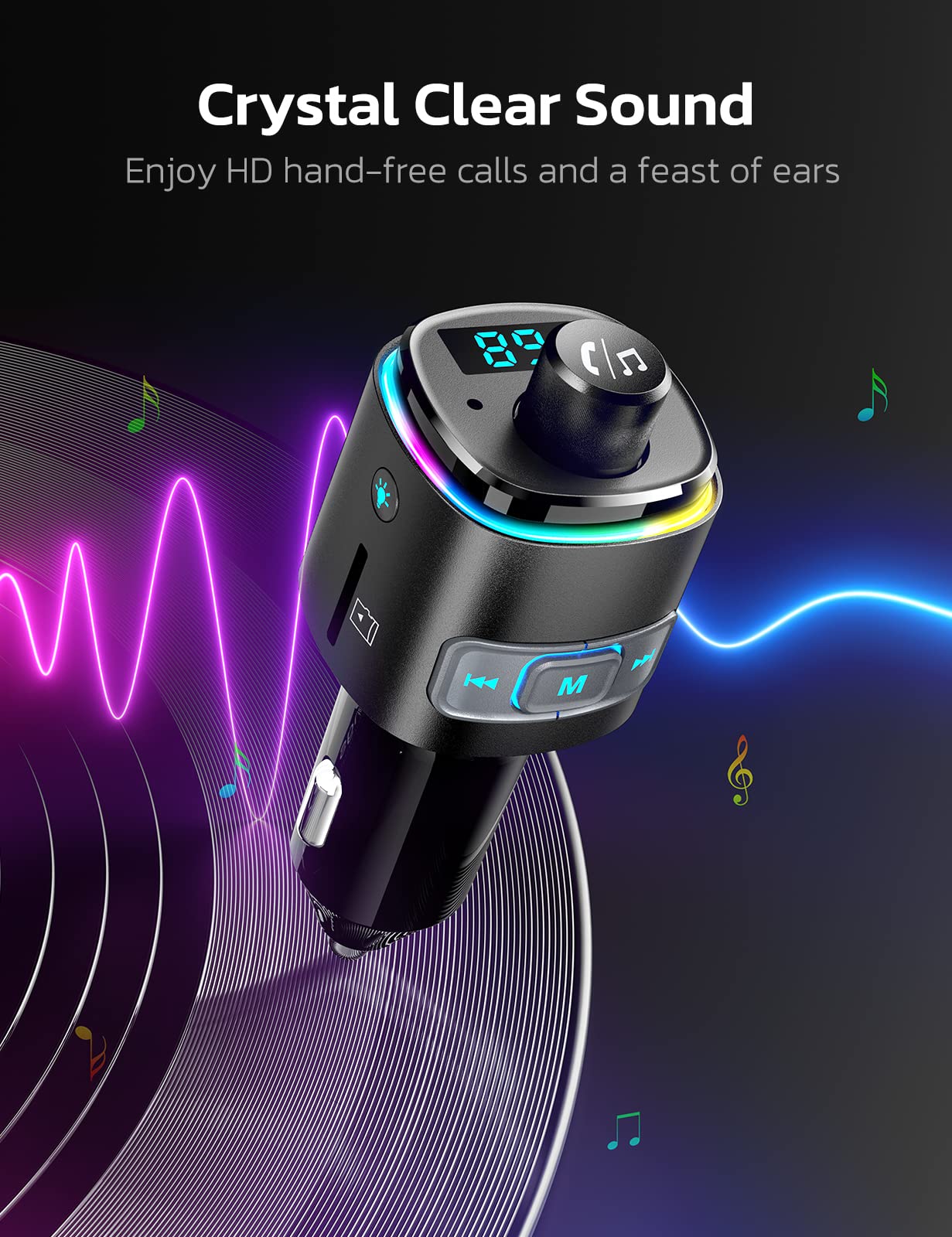 Nulaxy Bluetooth FM Transmitter, QC3.0 Fast Charge Bluetooth Car Adapter, Wireless Radio Car Kit with 7 Color LED Backlit, USB Flash Drive, microSD Card, Glossy Black