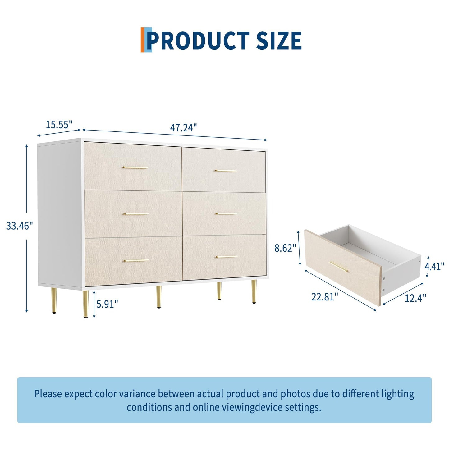 IDEALHOUSE 6 Drawer Dresser, Modern White Chest of Drawers with Gold Metal Legs and Handles, Large Wooden Dresser with Drawers, Storage Cabinet for Bedroom, Living Room, Entryway