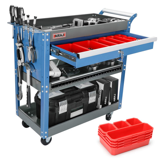 AIRAJ 3 Tier Rolling Tool Cart,Mechanic Tool Cart on Wheels,Industrial Utility Cart with Drawers and Pegboard,440 LBS Capacity Tool Storage Cart for Garage,Warehouse,Blue